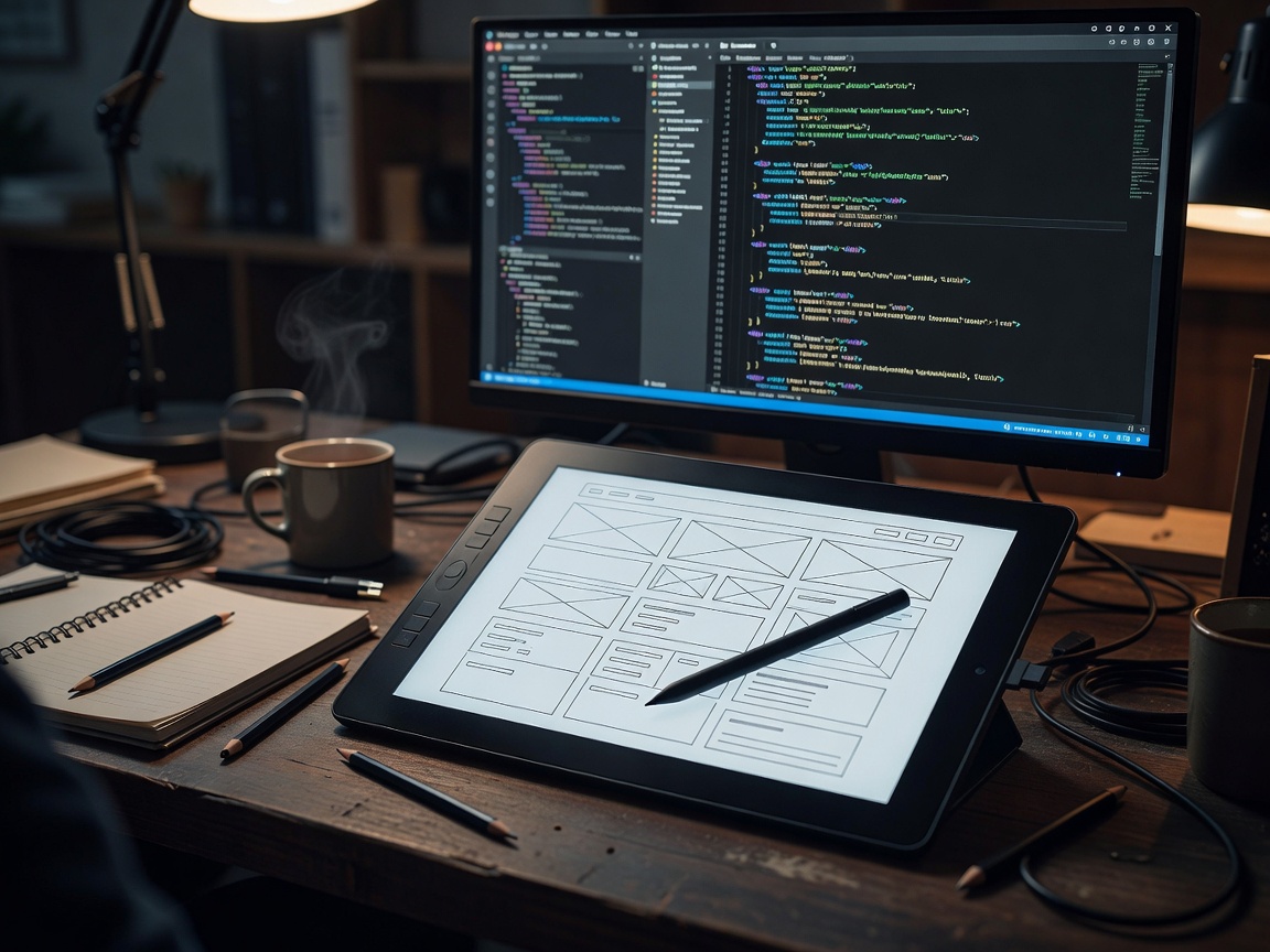 Website wireframing and code layout on a desk